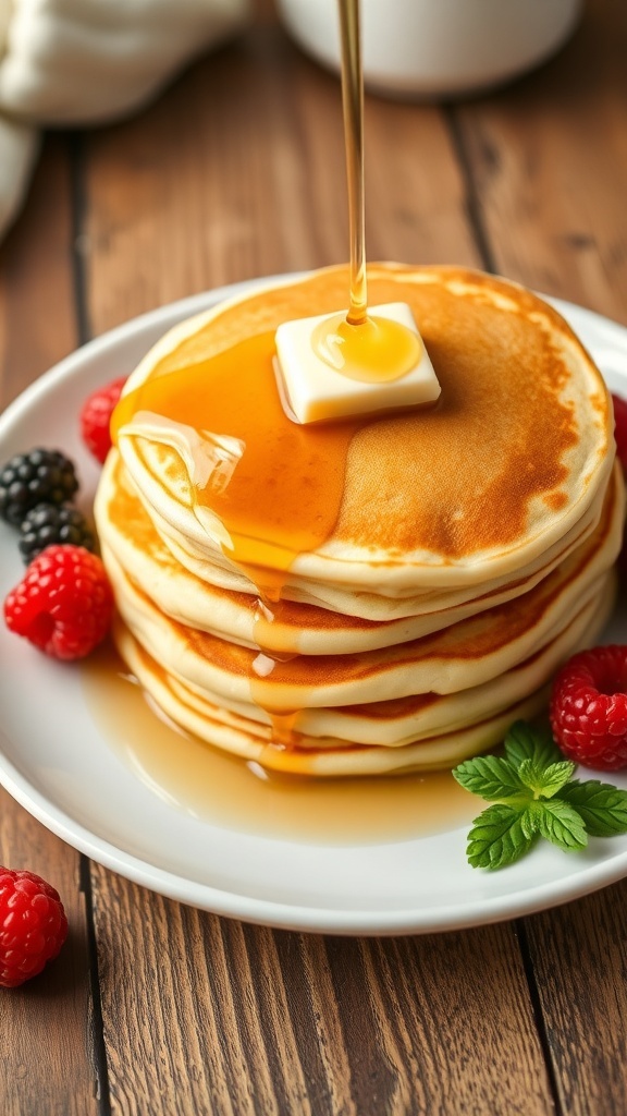 A stack of golden fluffy pancakes with butter and syrup, garnished with berries on a rustic table.
